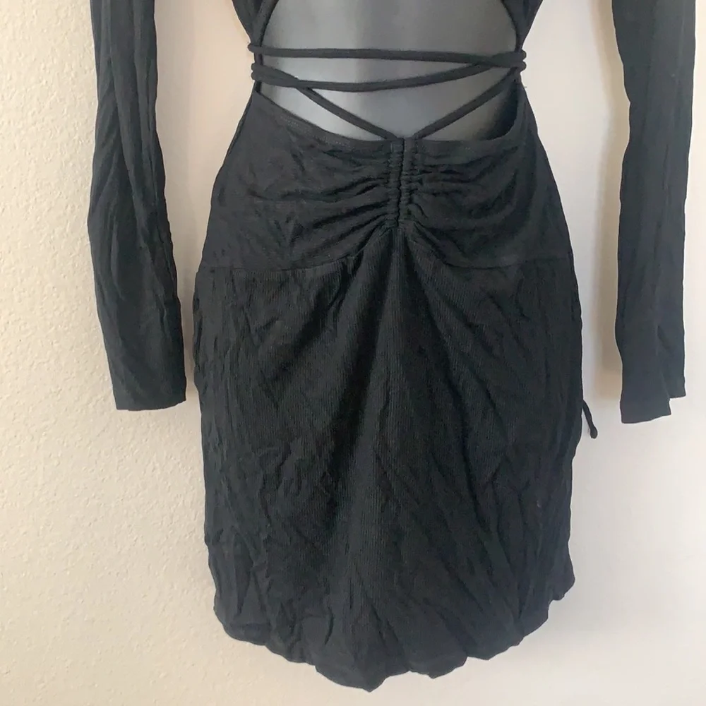 Princess Polly Noa Black Long Sleeve Ribbed Cut Out Criss Cross Tie Mini Dress - Picture 5 of 11